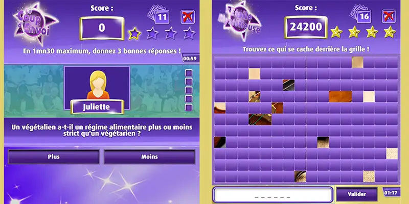 Visuels du jeu en ligne Les 12 Coups de Midi avec quiz, score, questions et étoile mystérieuse sur mobile