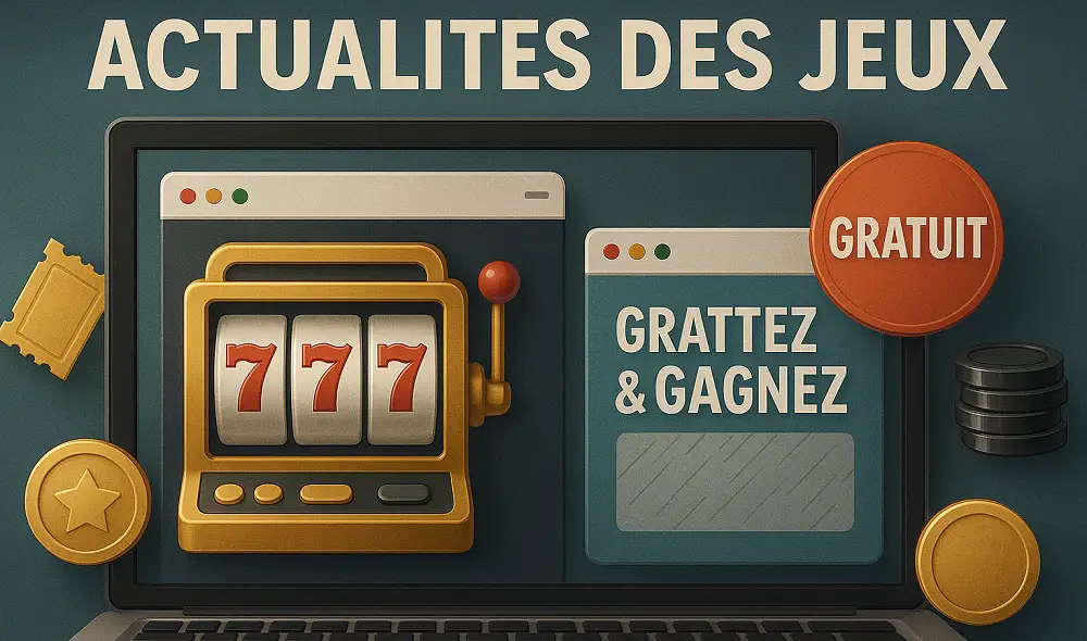 Illustration des actualités des jeux gratuits en ligne avec machine à sous, grattage gratuit et univers ludique numérique