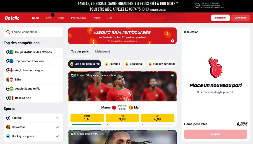 Visuel de la page d'accueil du site de paris en ligne Betclic.fr