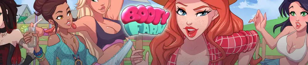 Illustration cartoon de femmes séduisantes à la ferme autour du logo Booty Farm