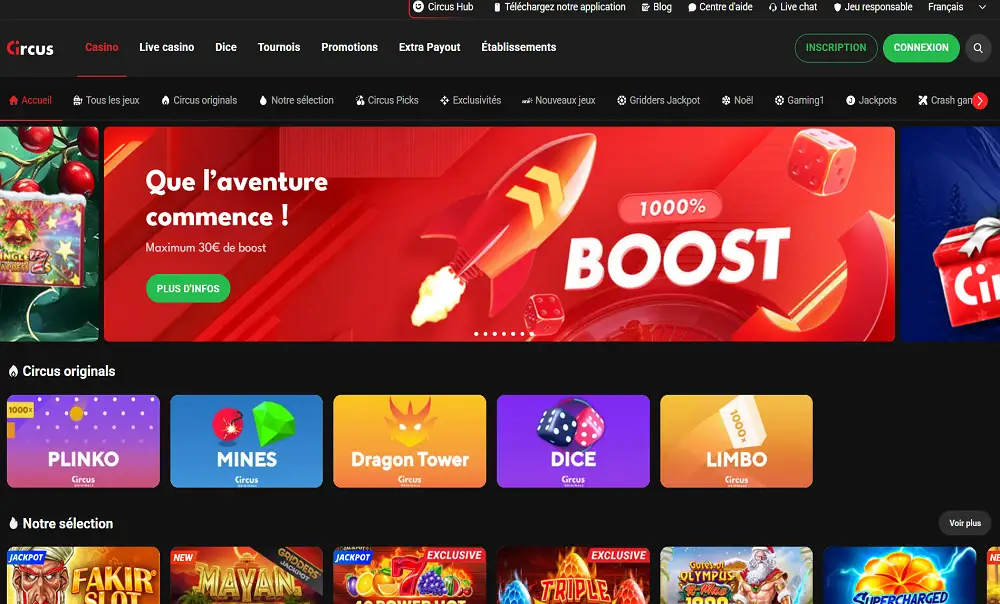 Visuel de la page d'accueil du casino Circus.be