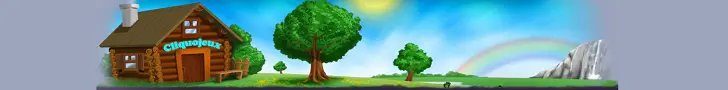 Univers coloré de Cliquojeux avec maison, nature et ciel lumineux représentant les jeux gratuits en ligne du site