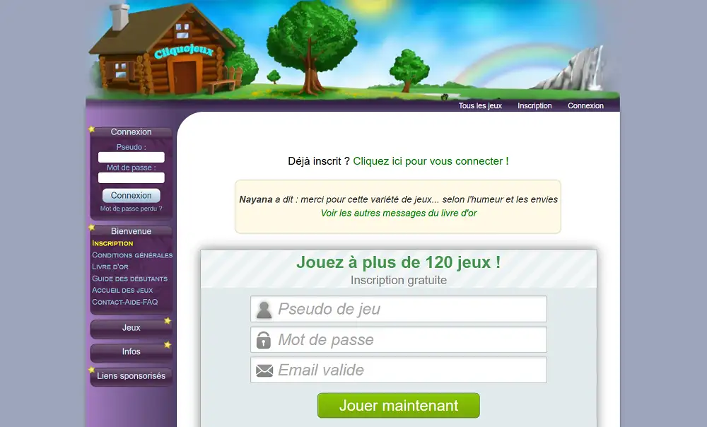 Page d’accueil de Cliquojeux avec interface d’inscription, accès aux jeux gratuits en ligne et univers graphique coloré