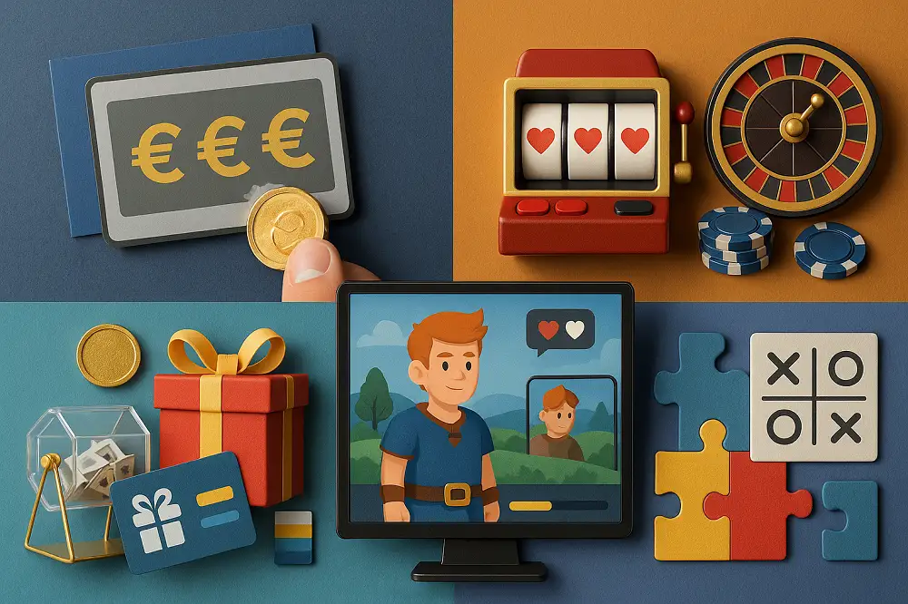 Illustration des jeux gratuits en ligne avec machine à sous, puzzles, cadeaux virtuels et univers ludique numérique