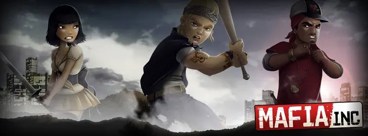 Illustration du jeu gratuit Mafia Inc avec personnages mafieux stylisés, ambiance sombre, action et univers de clan criminel