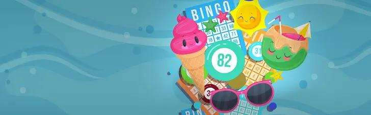 Illustration festive Online Bingo avec cartes de bingo, numéros, mascottes colorées et ambiance ludique en ligne