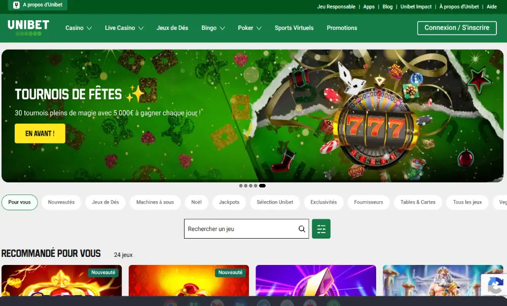 Visuel de la page d'accueil d'Unibet Casino Belgique