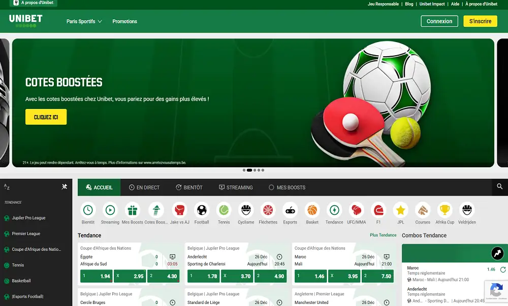 Visuel de la page d'accueil d'Unibet Sport