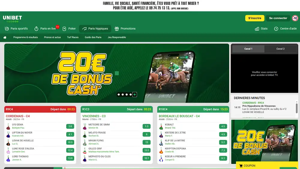 Visuel de la page d'accueil d'Unibet Turf France